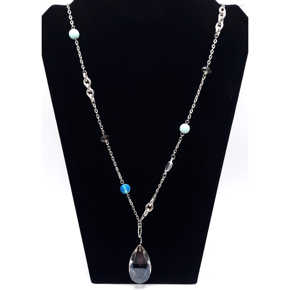 LOFT Aqua Teardrop Station Necklace Silver Boho Long